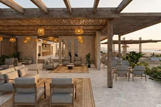 minimalist outdoor beach club,seaside resort design,patio render, beachfront bar