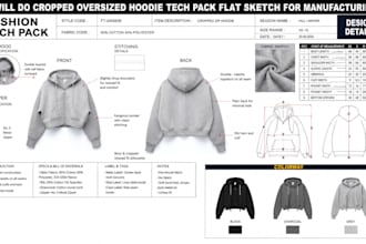 do cropped oversized hoodie tech pack flat sketch for manufacturing