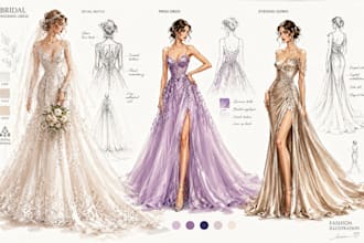 draw a fashion illustration and sketch , bridal wedding dress, prom and gown