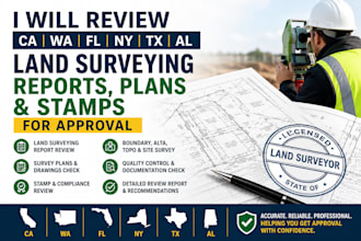 review ca, wa, fl, ny, tx, al land surveying report plans stamp for approval