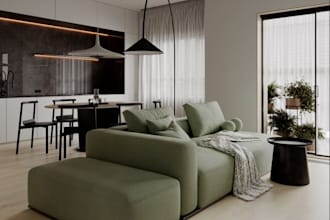 create photorealistic 3d interior design, rendering, bedroom,kitchen,living room