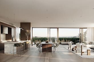 renew modern penthouse interior,3d furniture design, open plan concept rendering
