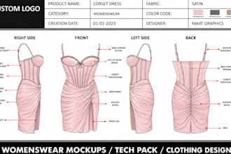 design corset dress womenswear tech pack cad flat sketch for manufacturing