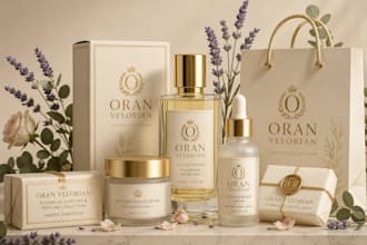 design luxury perfume logo, cosmetic, label, bag, brand box