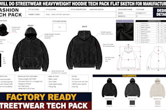 do streetwear heavyweight hoodie tech pack flat sketch for manufacturing