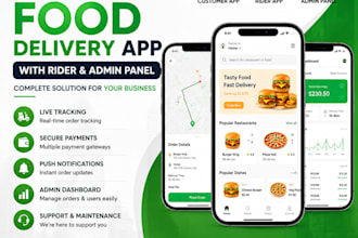 develop a custom complete service food delivering app with rider and admin panel