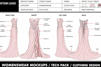 design corset gown womenswear tech pack cad flat sketch for manufacturing