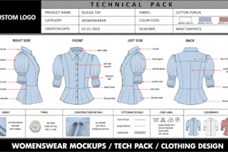 design blouse top womenswear tech pack cad flat sketch for manufacturing