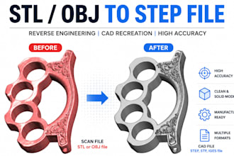 convert stl , obj to step file, reverse engineering recreate step file from stl