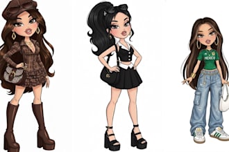 draw cute bratz doll style cartoon fashion mascot logo music album cover art