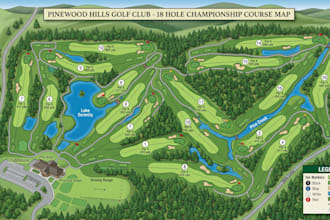 create professional golf course map, tournament map golf club map, golf layout