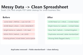 clean, organize, and format your messy excel, CSV, or PDF data
