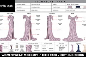 design evening dress womenswear tech pack cad flat sketch manufacturing