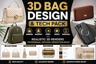 design realistic 3d bags, backpacks, handbags, wallets, phone cases, tech packs