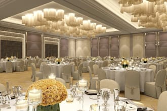 design realistic 3d ballroom, banquet hall, wedding venue and podium stage