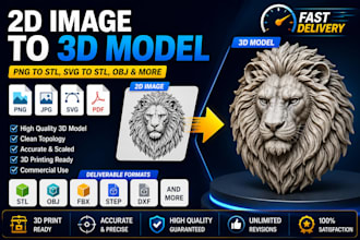 convert 2d image to high quality 3d model, svg to stl, png to stl, obj