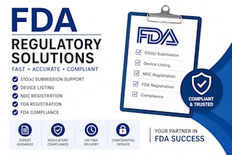 handle fda 510k submission, device listing, ndc registration and compliance