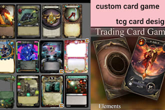 design custom tcg ccg cards, card game mockups, boxes and rulebook