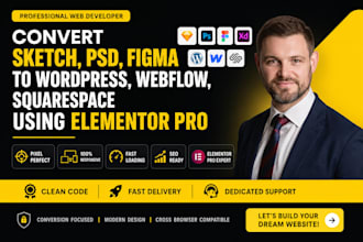 convert sketch, PSD figma to wordpress  webflow, squarespace