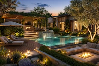 design exterior landscape, frontyard, patio and garden design 3d visualization