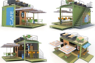 design photorealistic shipping container homes, cafes, and retail stores