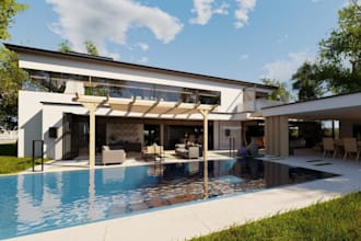 buildup photorealistic 3d house exterior, render villa design, architect layout