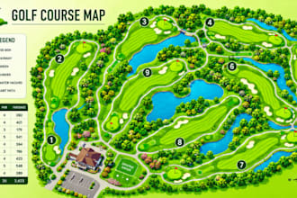 create custom golf course yardage maps, resort maps, campground, illustrated map