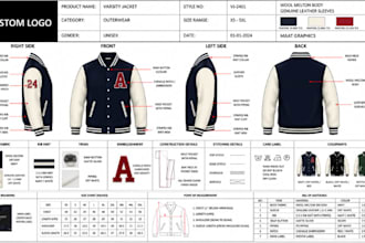 design varsity jacket tech pack cad flat sketch for manufacturing