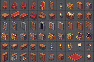 custom 2d game props design, pixel objects, tileset assets and game environment