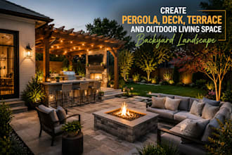create backyard, patio, pool landscape design with realistic 3d rendering