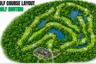 create golf course layouts, routing plan, scorecard maps, landscape illustration