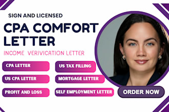 provide US CPA comfort letter, self employment, income verification CPA letter