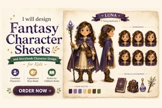 design fantasy character sheets and storybook character design for kids