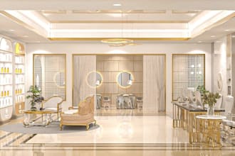 reform cosmetic store interior,skn studio,nail,hair salon render,3dshop exterior