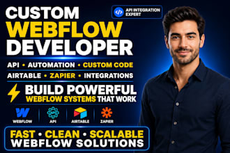 develop custom webflow code, API integrations, automation, airtable and zapier