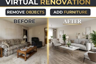 do virtual renovation remove old objects add furniture for real estate listing