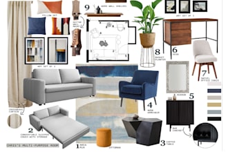 do mood board, shopping list, floor plan and 3d rendering