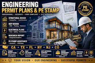 design structural, mep, electrical permit plans, rescheck,pe stamp ca tx fl ny