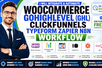 integrate woocommerce gohighlevel ghl clickfunnel typeform zapier n8n workflow