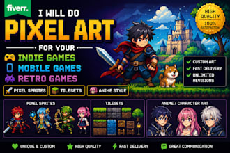 do pixel art for indie games, mobile games, retro,pixel sprites, tilesets, anime