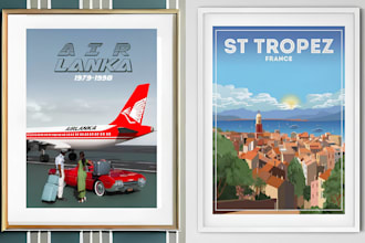 design retro vintage style modern travel poster illustration art deco, wall art