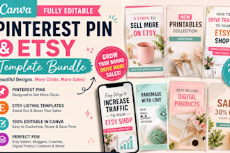 design etsy banner, canva pinterest pin etsy template bundle digital products