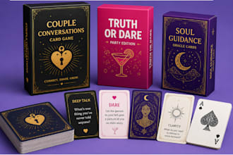 design custom card game, tarot, oracle cards, playing cards and game box