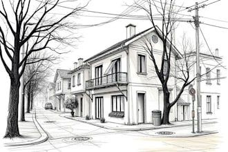 sketch city street, house, urban architecture illustration