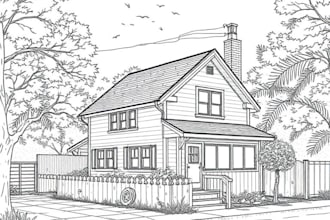 draw custom line art scene illustration and sketch of house and building