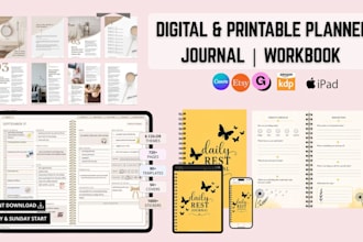 design kdp journal, hyperlinked etsy digital planner, canva workbook, journal