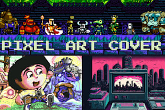 create 8bit 16bit retro pixel art cover art, c64 style game art