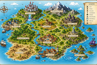 do hand draw illustrated map, vector map, fantasy game map design site map plan