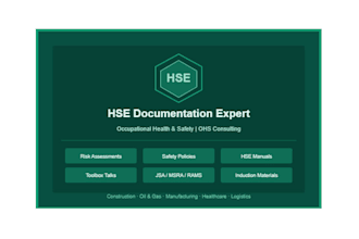 develop hse health and safety policies, risk assessments and ohs documentation