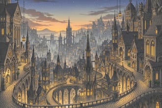 illustrate detailed fantasy cityscapes, no ai